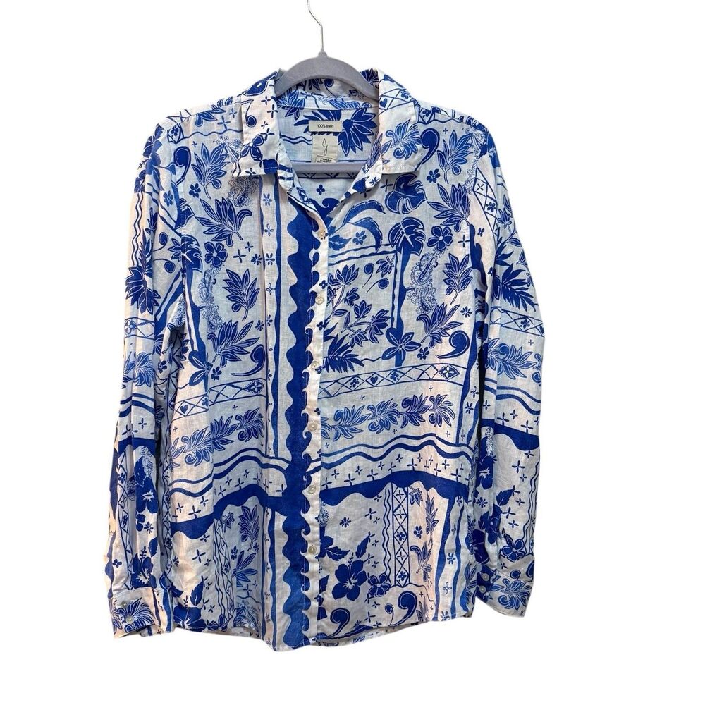 Joie Shirt Womens Large Blue Floral Linen Collared Button Front Long Sleeve Top - Picture 2 of 5